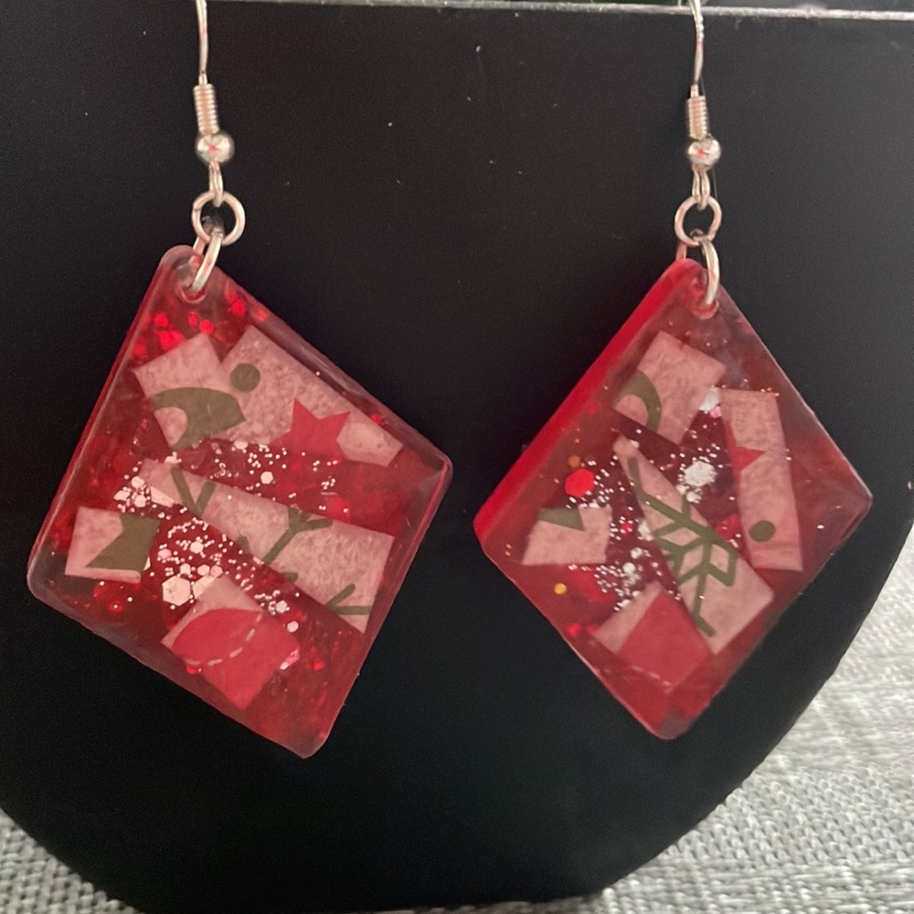 XMAS Festive Handmade Large Holiday Earrings Red Diamond